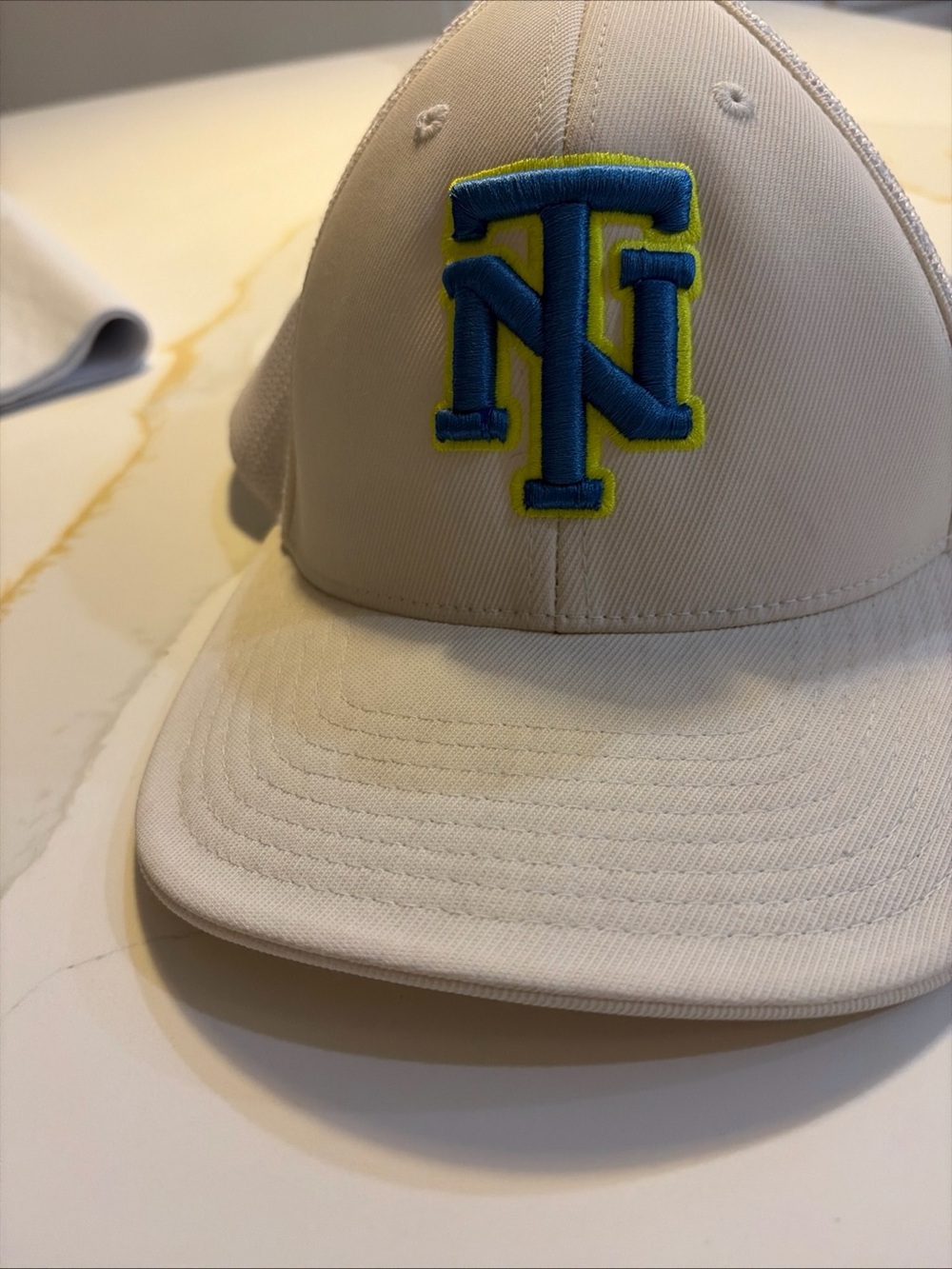 Pacifica White Cap with Blue and Neon Green Embroidered Logo